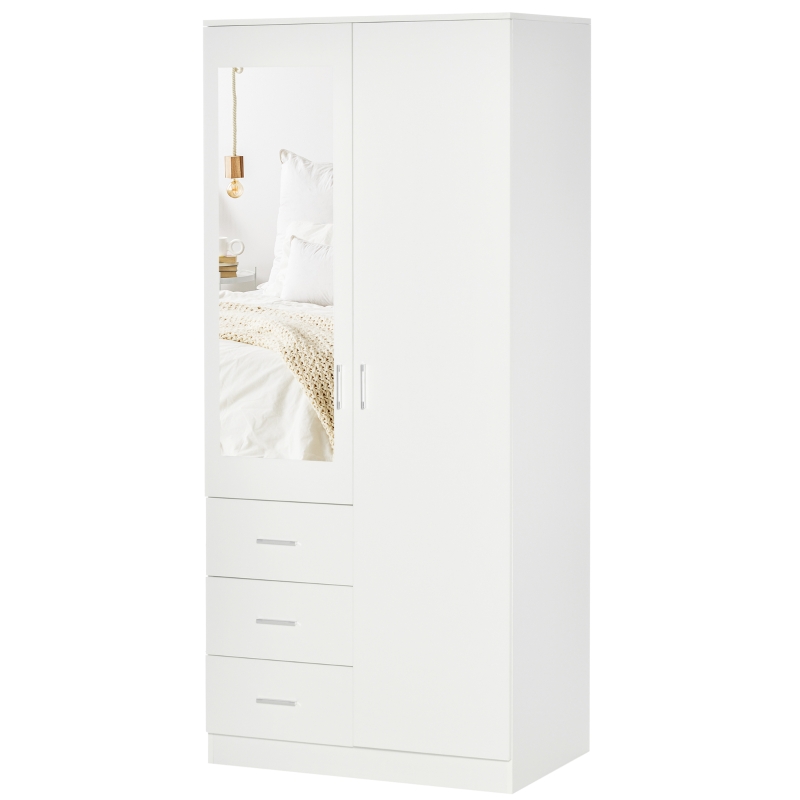HOMCOM Armadio Moderno Guardaroba 2 Ante con Specchio e 3 Cassetti, Mensole Regolabili e Barra Appendiabiti, 80x50x180cm, Bianco