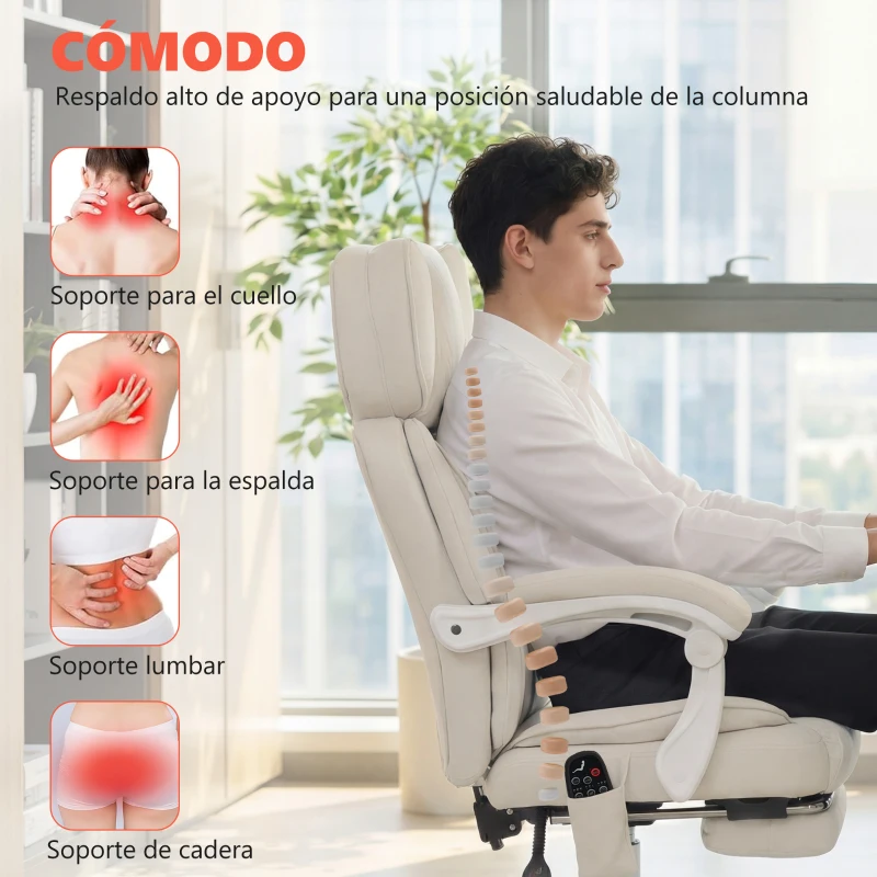 HOMCOM Silla de Escritorio Reclinable con Masaje Vibratorio de 6 Puntos Calor Lumbar Reposacabezas Ajustable Reposapiés 70x75,5x122,5 cm Crema