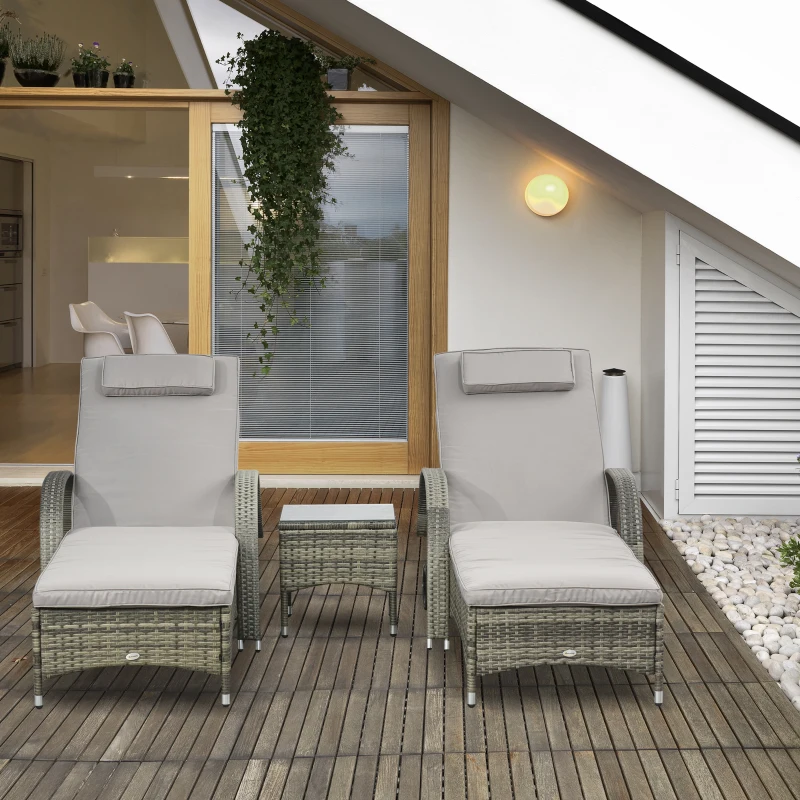 Outsunny Set 2 lettini prendisole con tavolino in vetro, Grigio