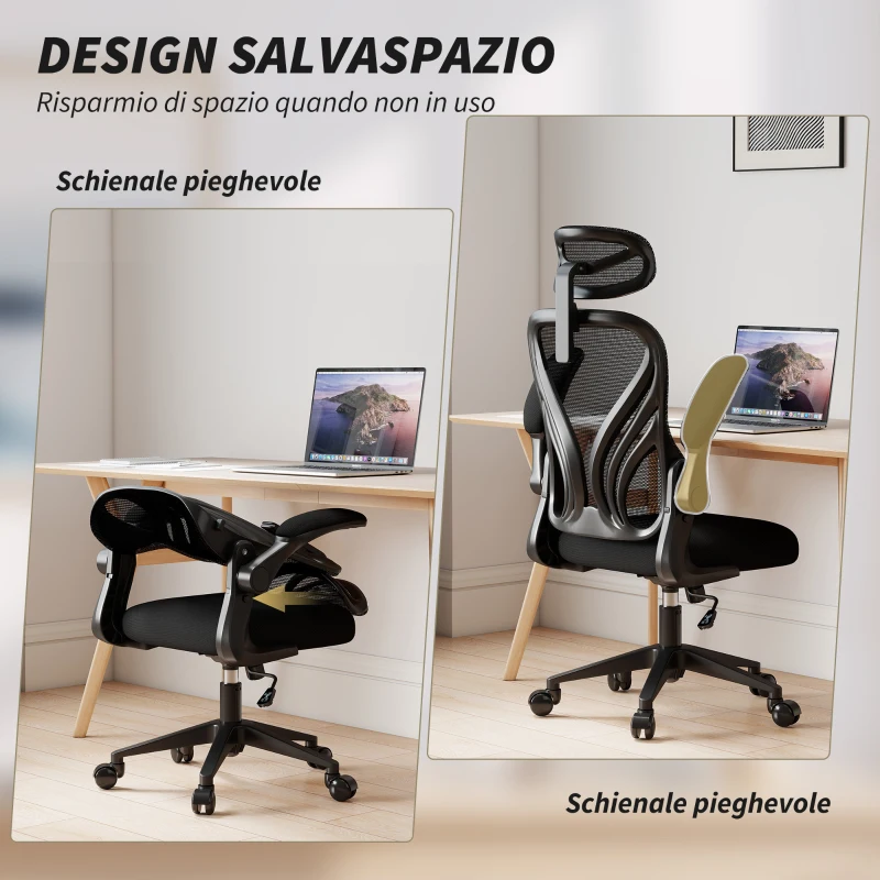 HOMCOM Sedia da Ufficio Ergonomica con Braccioli Ribaltabili, Supporto Lombare e Poggiatesta Regolabile, Nero