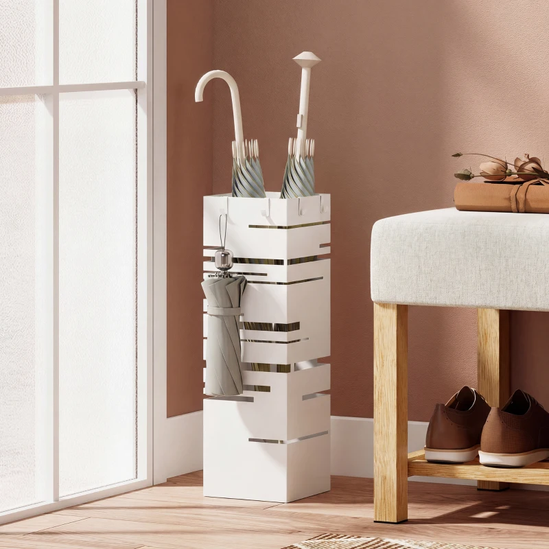 HOMCOM Paragüero Metálico con 4 Ganchos y Bandeja de Goteo Extraíble para Entrada Oficina 15,5x15,5x49 cm Blanco