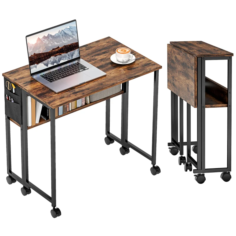 HOMCOM Bureau pliable sur roulettes 80 x 50 cm avec étagère et sac de rangement, brun rustique