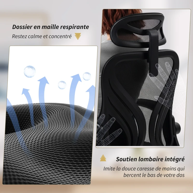 HOMCOM Chaise bureau, fauteuil de bureau en maille, dossier rabattable, appui-tête 2D, accoudoirs relevables, 73x62x136cm, noir