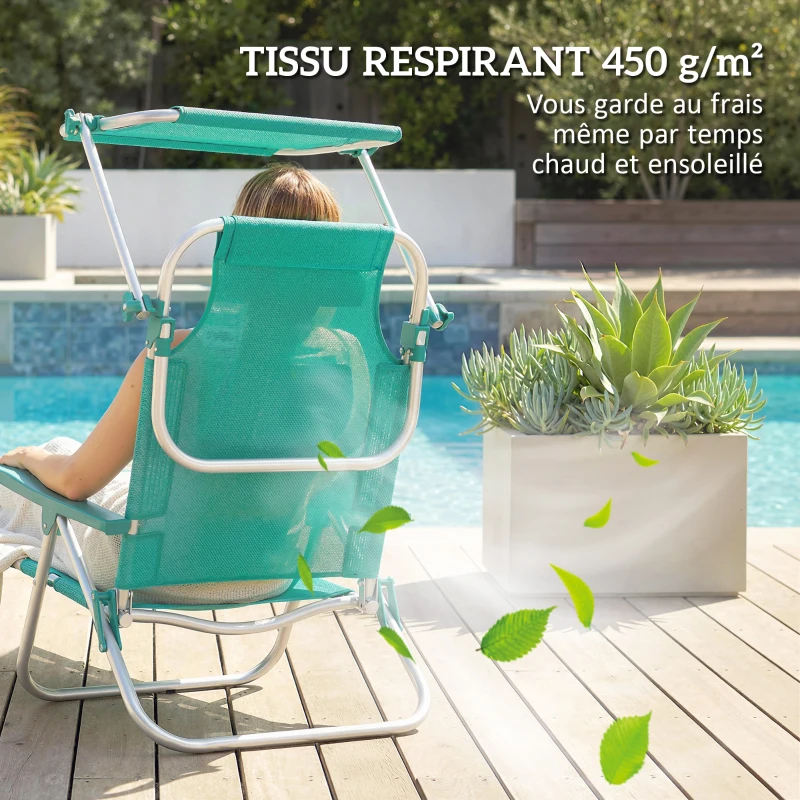 Outsunny Chaise de plage, chaise longue d'extérieur pliable à 6 positions, auvent ajustable et repose-tête, 62x68x79cm, turquoise