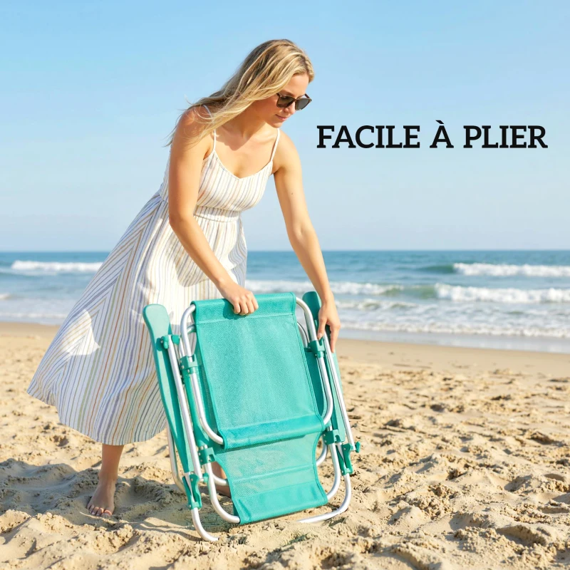 Outsunny Sedia da spiaggia pieghevole a 6 posizioni con tendalino, 62x68x79 cm, Turchese