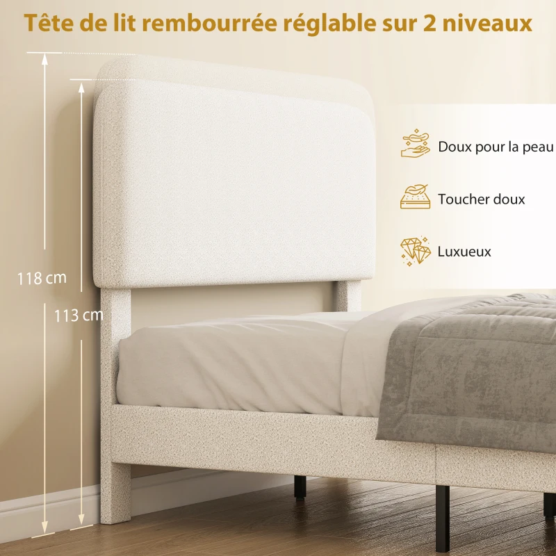 HOMCOM Cadre de Lit 140x190cm avec Sommier, Tête de Lit Réglable, Lit Double Rembourré en Velours Teddy, Lattes en Métal, Blanc
