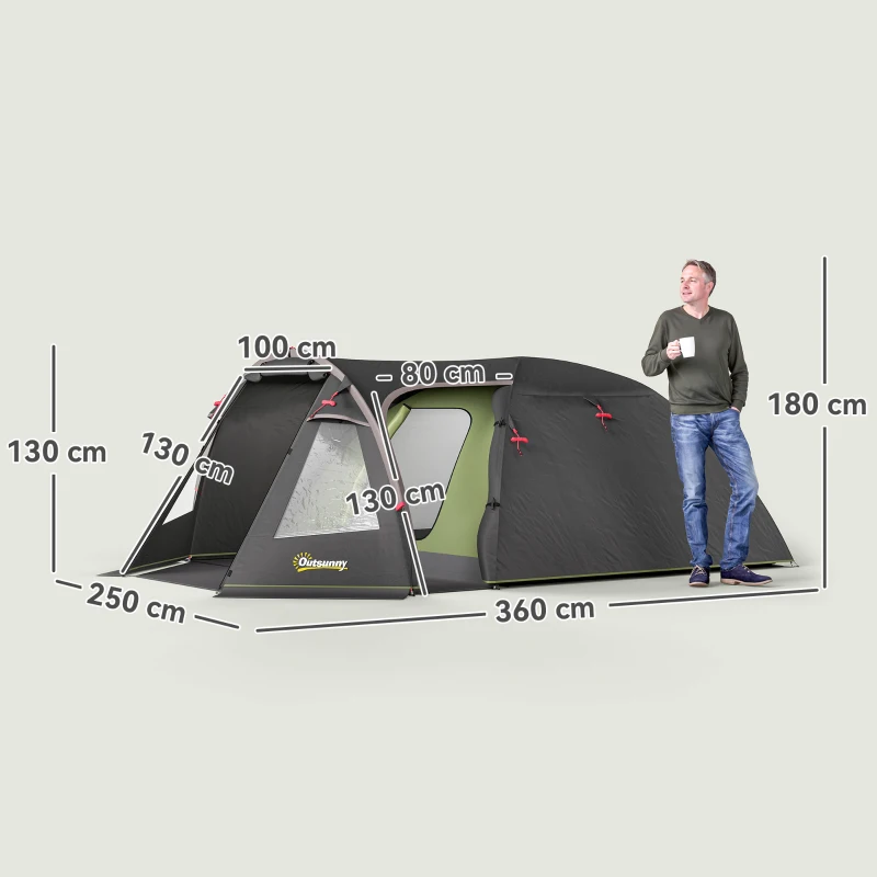 Outsunny Tenda a tunnel 4 persone con veranda e doppia porta UV50+, Nero