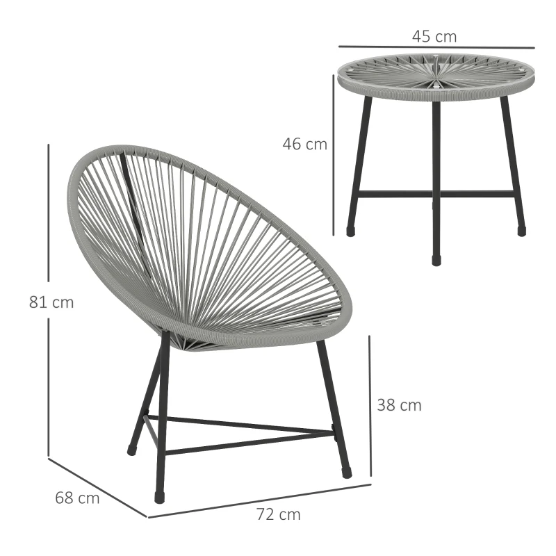 Outsunny 3-teiliges Gartenmöbel-Set, 2 Kunststoffrattan-Stühle, 1 Tisch mit Glasplatte, Stahlrahmen, Outdoor-Sitzmöbel, Grau