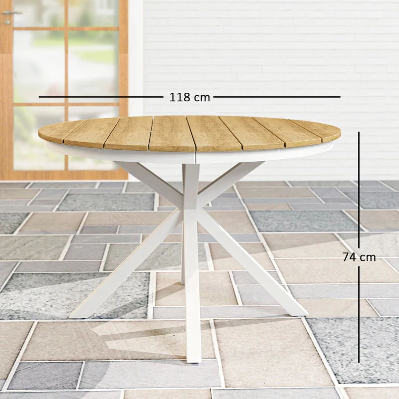 Outsunny Tavolo da giardino Ø118 cm in alluminio con design a doghe, Teak