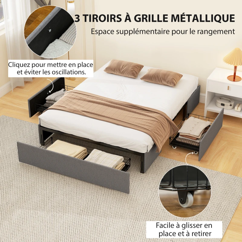 HOMCOM Lit coffre 140 x 190 cm, cadre de lit double rembourré avec 3 tiroirs, sommier à lattes en LVL, sans bruit, gris