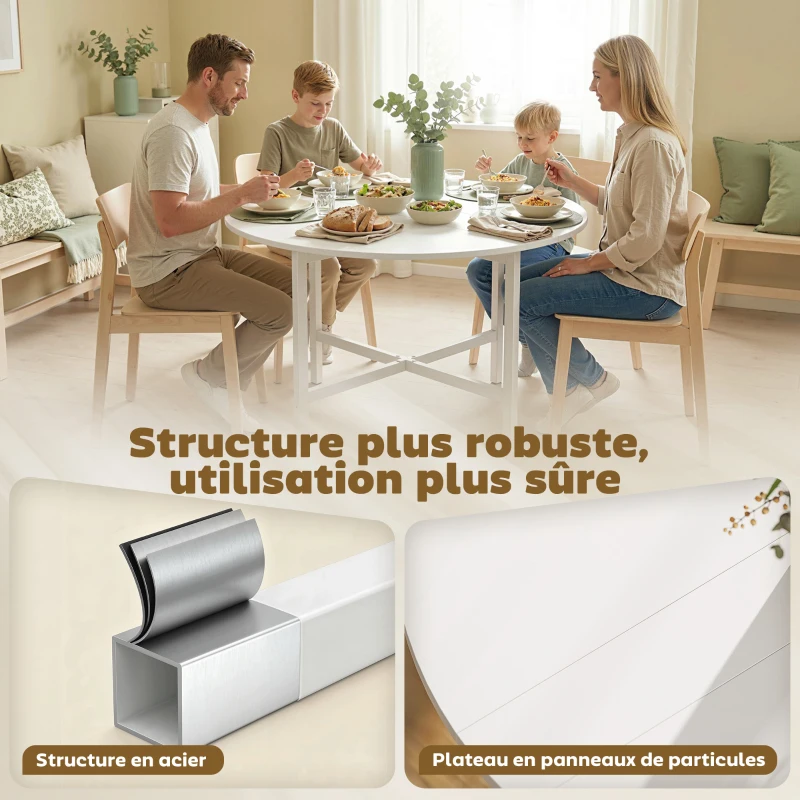HOMCOM Table à manger pliante, table de cuisine ronde Ø 80 cm pour 4 personnes avec 2 abattants, pieds en acier, blanc