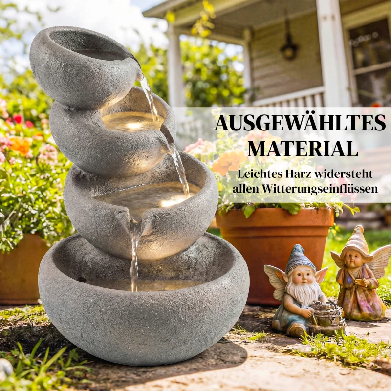 Outsunny Springbrunnen Outdoor aus Kunstharz 4-stufig Gartenbrunnen mit LED Beleuchtung Pumpe Steinoptik 35 x 32 x 50 cm
