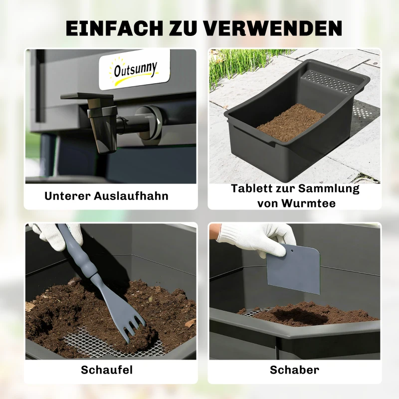Outsunny Komposter 28 Liter, 39 x 39 x 51,5 cm Snelcomposter met trays, weerbestendig thermocomposter Donkergrijs