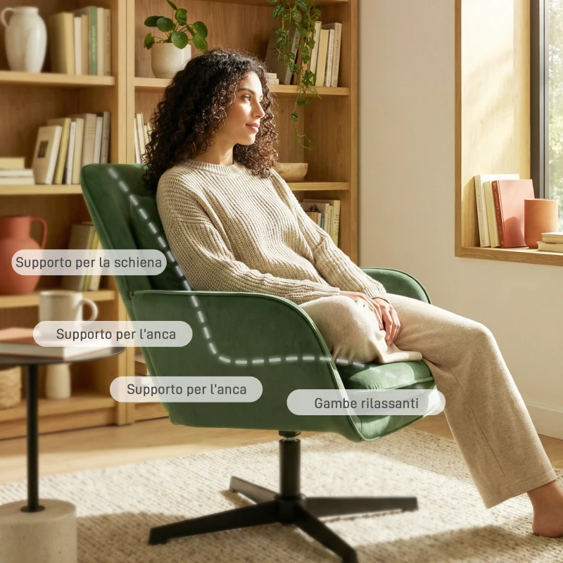 HOMCOM Poltrona da Salotto Girevole con Cuscino Lombare e Rivestimento in Tessuto Effetto Velluto, Verde