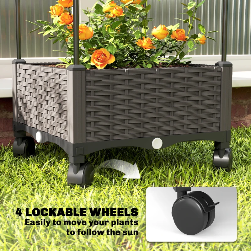 Outsunny Donica z kratownicą mobilna z kółkami, odpływ wody, 40 x 40 x 185 cm