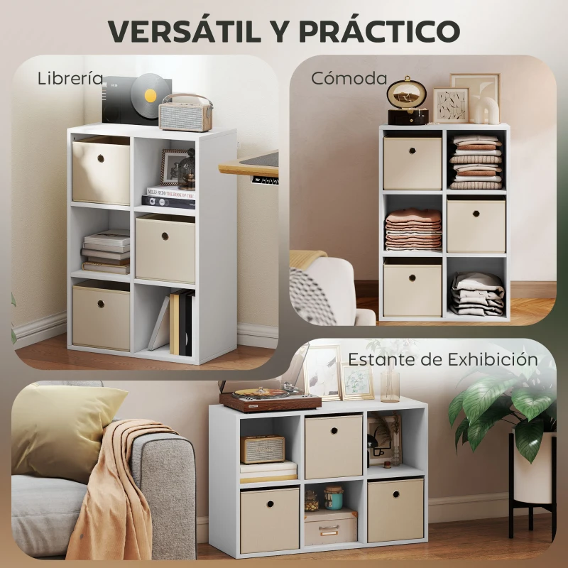 HOMCOM Estantería Cubo de Almacenamiento con 6 Compartimentos y 3 Cajones de Tela para Salón 53,7x30x79,8 cm Blanco y Beige