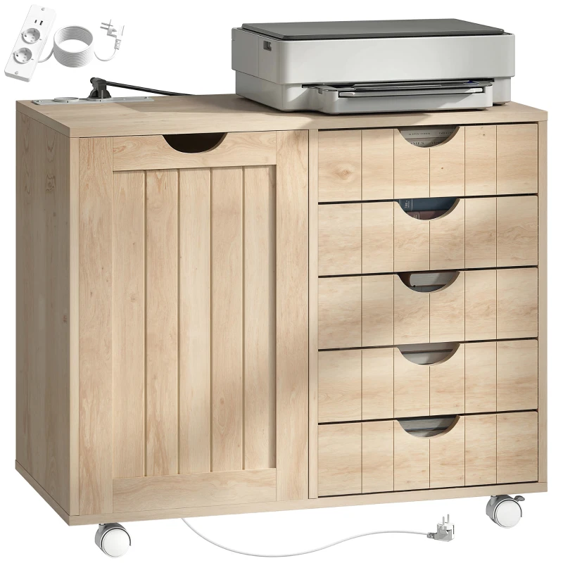 HOMCOM Meuble pour Imprimante avec Station de Charge et Roulettes 5 Tiroirs Ports USB Étagère Réglable Bois naturel