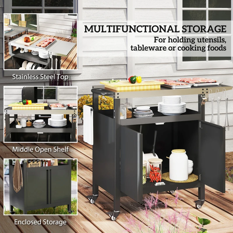 Wózek grillowy 3-poziomowy, blaty robocze, kółka, szafka