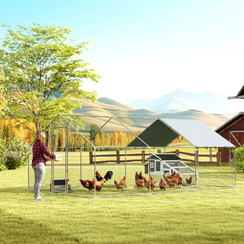 PawHut Gallinero para Exterior Grande de Acero Galvanizado 5,1x3x1,9 m 15,3 m² con Cubierta Tela Oxford y Cerradura Plata