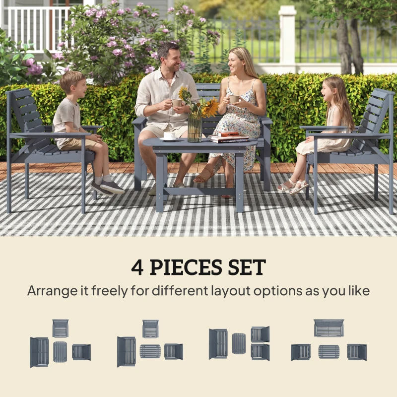 Outsunny 4 Piece Wooden Garden Furniture Set, Outdoor Garden Sofa Set with 2 Armchairs, Loveseat and Coffee Table, Grey