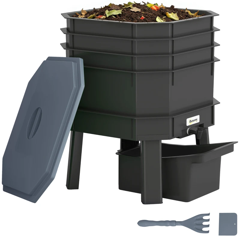 Outsunny Komposter 28 Liter, 39 x 39 x 51,5 cm Snelcomposter met trays, weerbestendig thermocomposter Donkergrijs