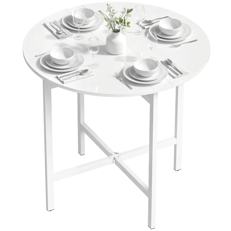 HOMCOM Mesa de comedor plegable, mesa de cocina redonda Ø 80 cm para 4 personas con 2 alas abatibles, patas de acero, blanco
