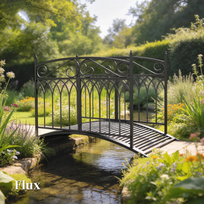 Outsunny Ponte de Jardim em Metal Estilo Barroco Passarela Decorativa com Guarda-Corpos 91cm e Carga 100kg Preto