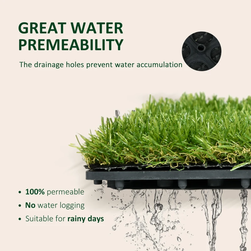 Outsunny 10-Piece Artificial Grass Set, Weatherproof Turf Tiles, 25mm Pile Height, Outdoor Carpet for Garden, Balcony & Patio, 30 x 30cm, Dark Green