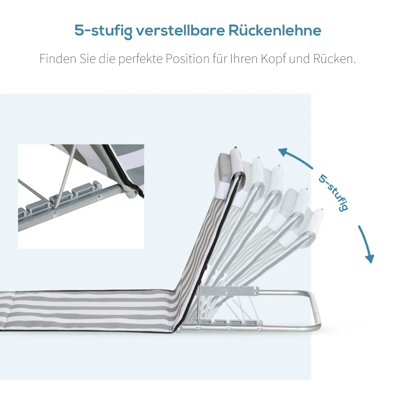 Outsunny Sonnenliege klappbar Gartenliege mit Kopfkissen Liegestuhl mit 5-Fach verstellbare Rückenlehne Tragetasche Hellgrau