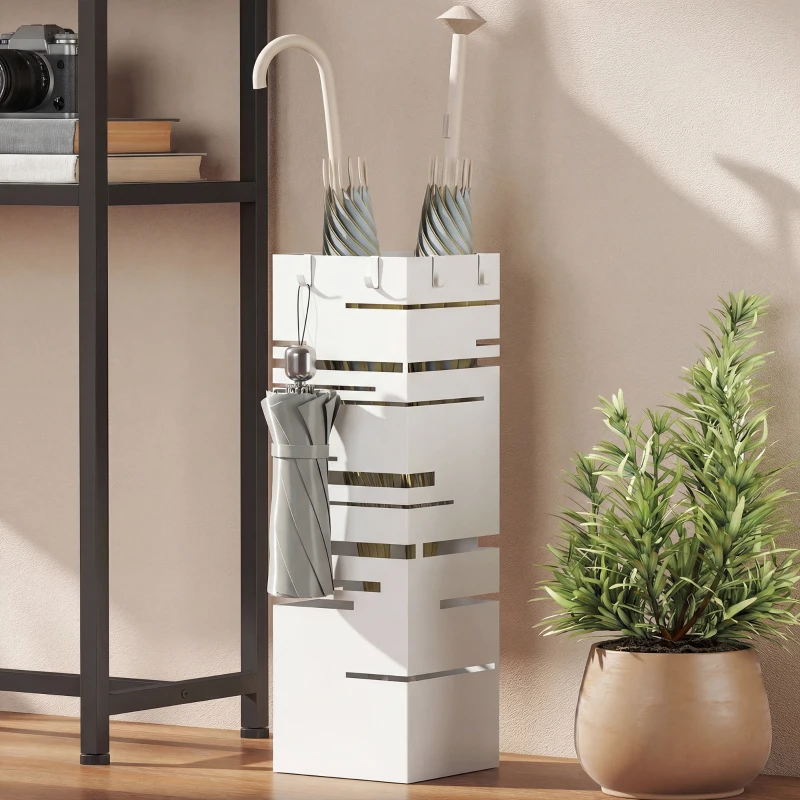 HOMCOM Paragüero Metálico con 4 Ganchos y Bandeja de Goteo Extraíble para Entrada Oficina 15,5x15,5x49 cm Blanco