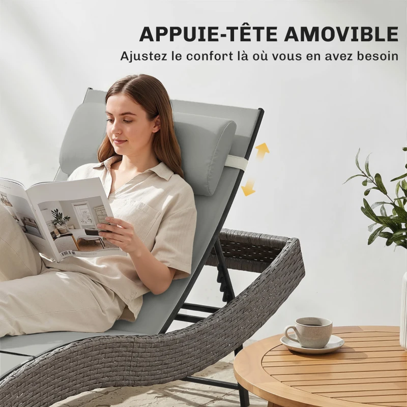 Outsunny Chaise longue en résine tressé, bain de soleil avec dossier réglable 5 positions et appui-tête, 198 x 61 x 44 cm, gris