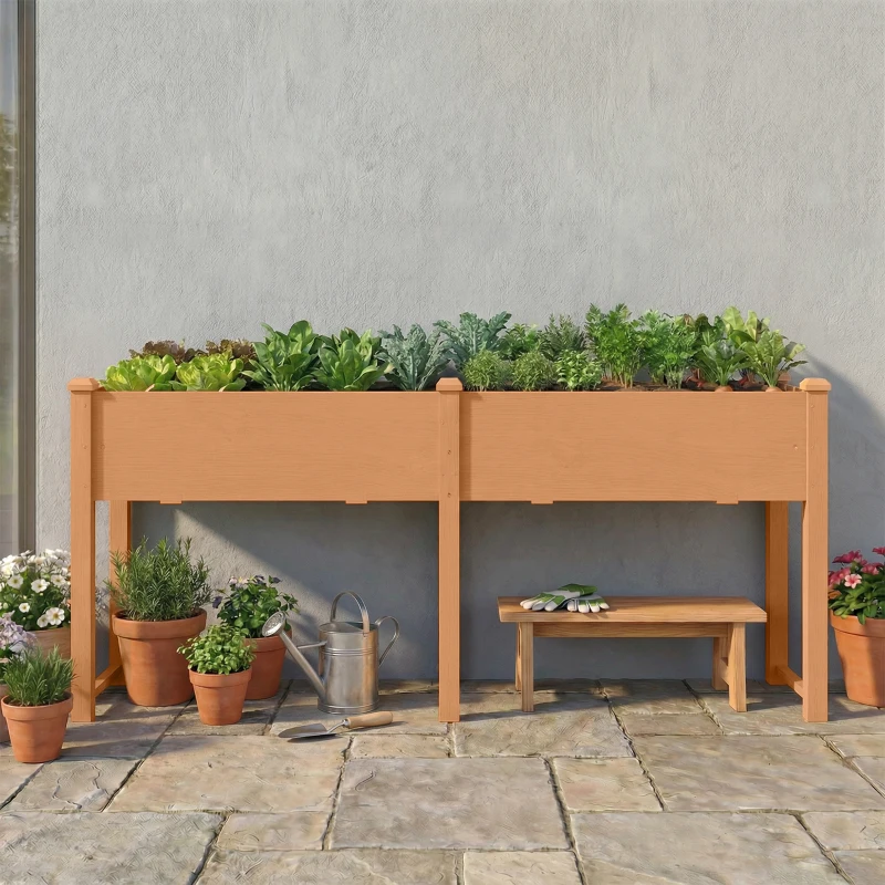 Outsunny Pat de grădină urban ridicat din lemn 184x59x76,5 cm cu 6 orificii de drenaj pentru cultivare plante flori Maro