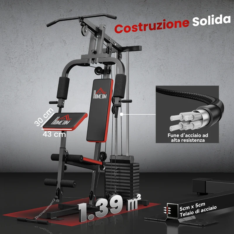 HOMCOM Power Tower Stazione Fitness Pesi 65kg, 135x103x210cm, Nero Rosso