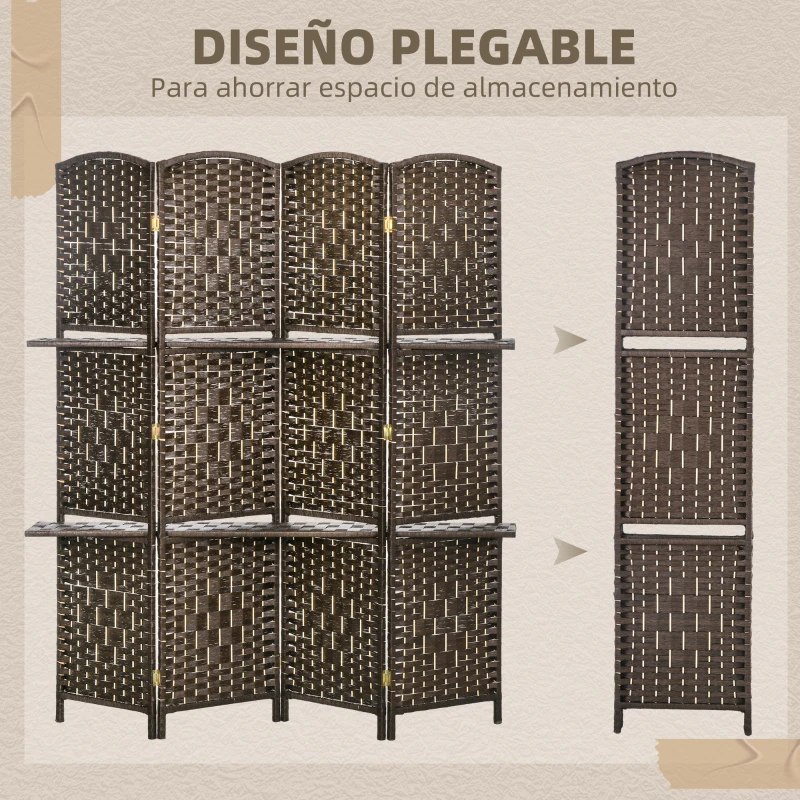 HOMCOM Biombo Separador de Ambientes 4 Paneles 160x170 cm con 2 Estantes de Exhibición Pantalla de Privacidad Plegable Marrón