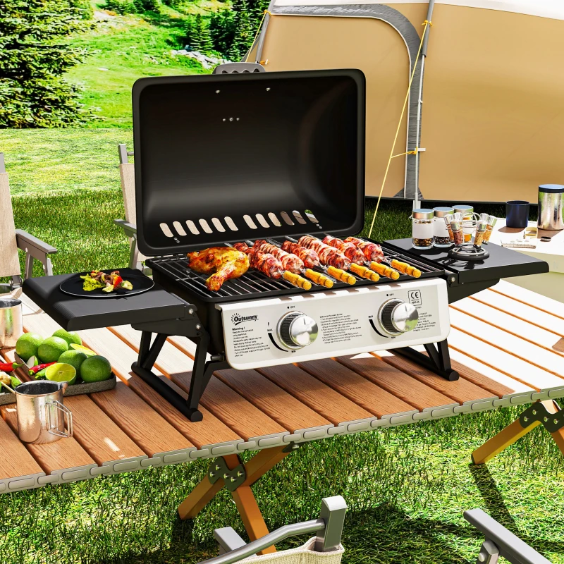 Outsunny Barbecue gaz de table transportable, 2 brûleurs 5,6 KW, barbecue gaz de camping avec étagères latérales, couvercle, noir