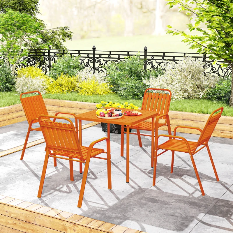 Outsunny Tavolo da giardino quadrato con 4 sedie impilabili a doghe, Arancione