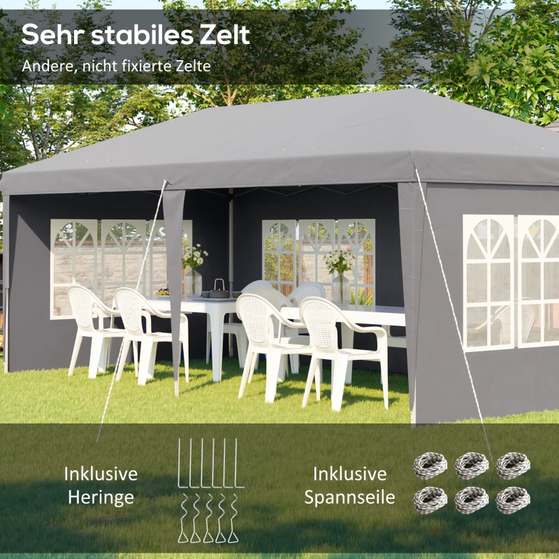 Outsunny Pavillon ca. 3x6m Wasserdicht Pop-up Faltpavillon mit 4 Seitenwänden, Fenster UV-Schutz Tragetasche Grau