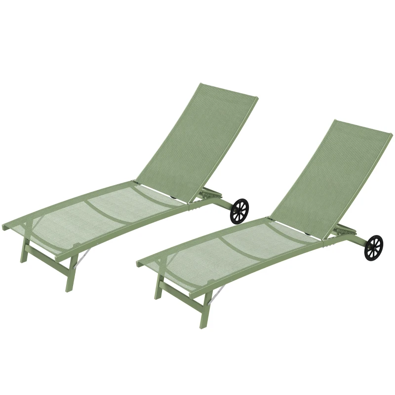 Outsunny Set 2 lettini prendisole in alluminio e textilene con ruote, Verde