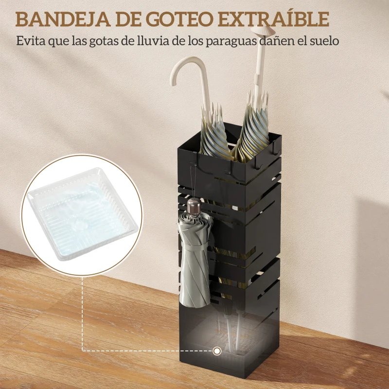 HOMCOM Paragüero Metálico con 4 Ganchos y Bandeja de Goteo Extraíble para Entrada Oficina 15,5x15,5x49 cm Negro