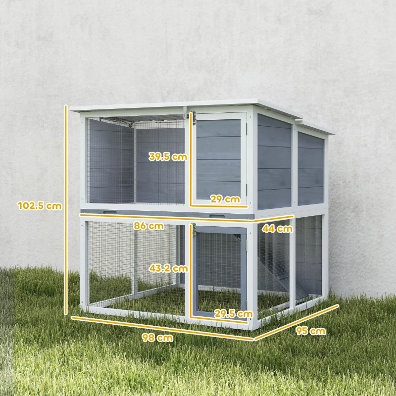 PawHut Conigliera a 2 piani in legno con recinto, rampa e tetto apribile, 98x95x102,5 cm, Grigio