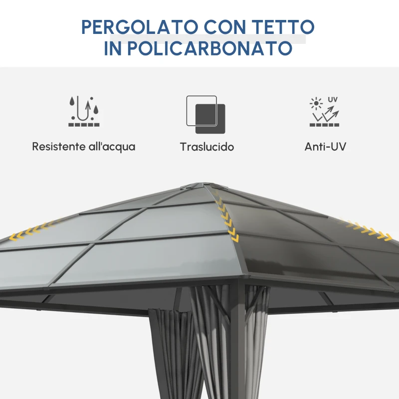 Outsunny Gazebo da Giardino con Struttura in Alluminio, Tetto in Policarbonato, Impermeabile UV 60+, Pareti laterali 3 x 3 m, Grigio Scuro