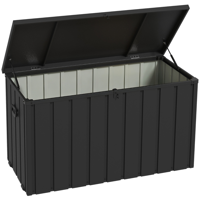 Outsunny Aufbewahrungsbox, Gartentruhe, 450L Stauraum, 2 Räder, Stahlrahmen, 125x61x70 cm, Dunkelgrau