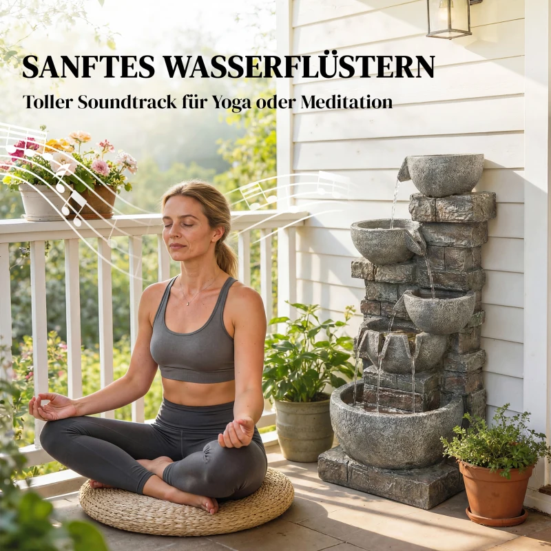 Outsunny Springbrunnen Outdoor aus Kunstharz fünfstöckig Gartenbrunnen mit LED Beleuchtung Pumpe Steinoptik 34 x 36 x 80 cm