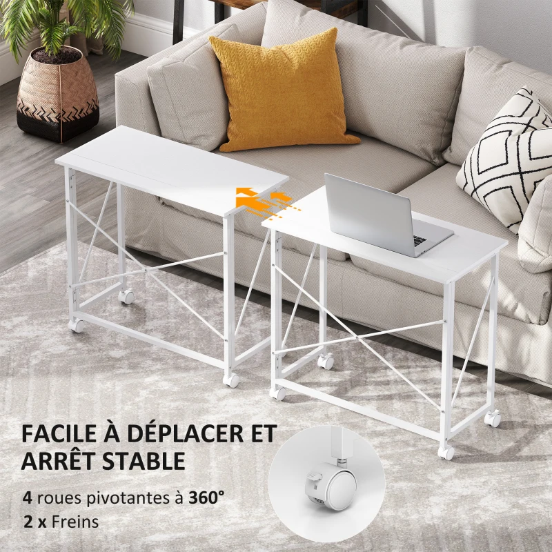 HOMCOM Bureau pliant table d'ordinateur 80 x 40 cm sur roulettes pour bureau à domicile, chambre, petits espaces, blanc