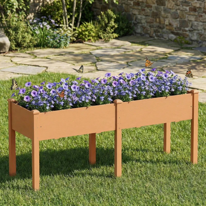 Outsunny Pat de grădină urban ridicat din lemn 184x59x76,5 cm cu 6 orificii de drenaj pentru cultivare plante flori Maro