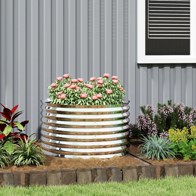 Outsunny Pflanzkübel, Metall-Blumenkübel mit Sicherheitskante und Handschuhen, offener Boden, 160B x 80T x 56H cm, Grau