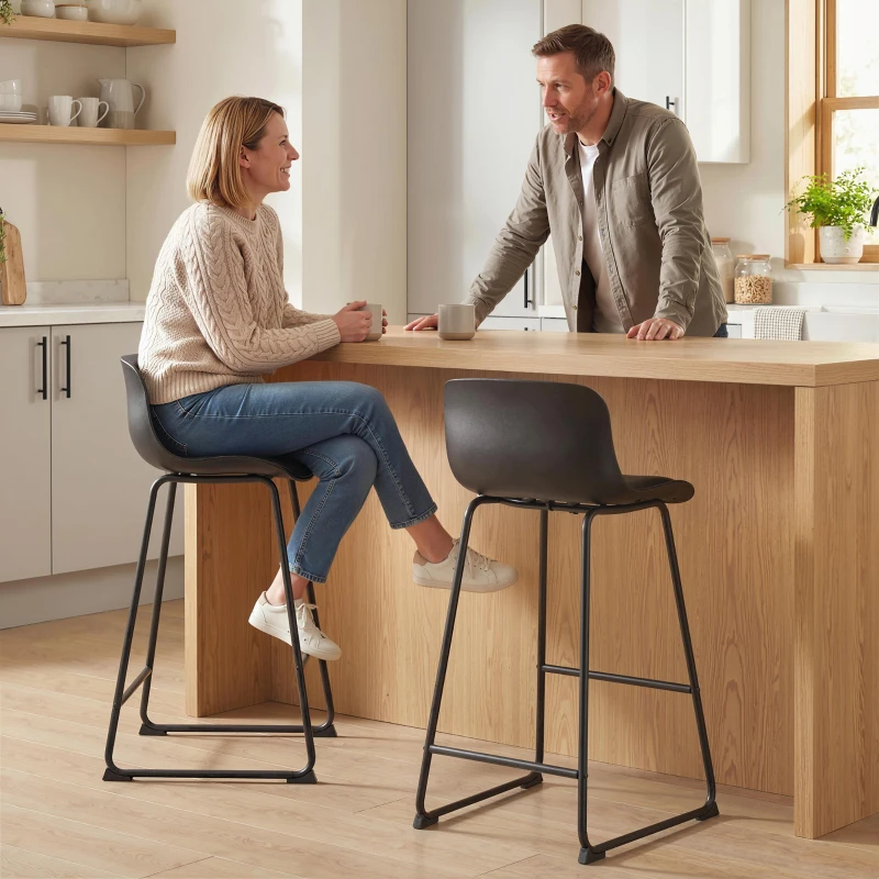 HOMCOM Modern Bar Stools Set of 2, PU Leather Barstools, Counter Height Kitchen Chairs for Breakfast Bars, Dining Room, Black