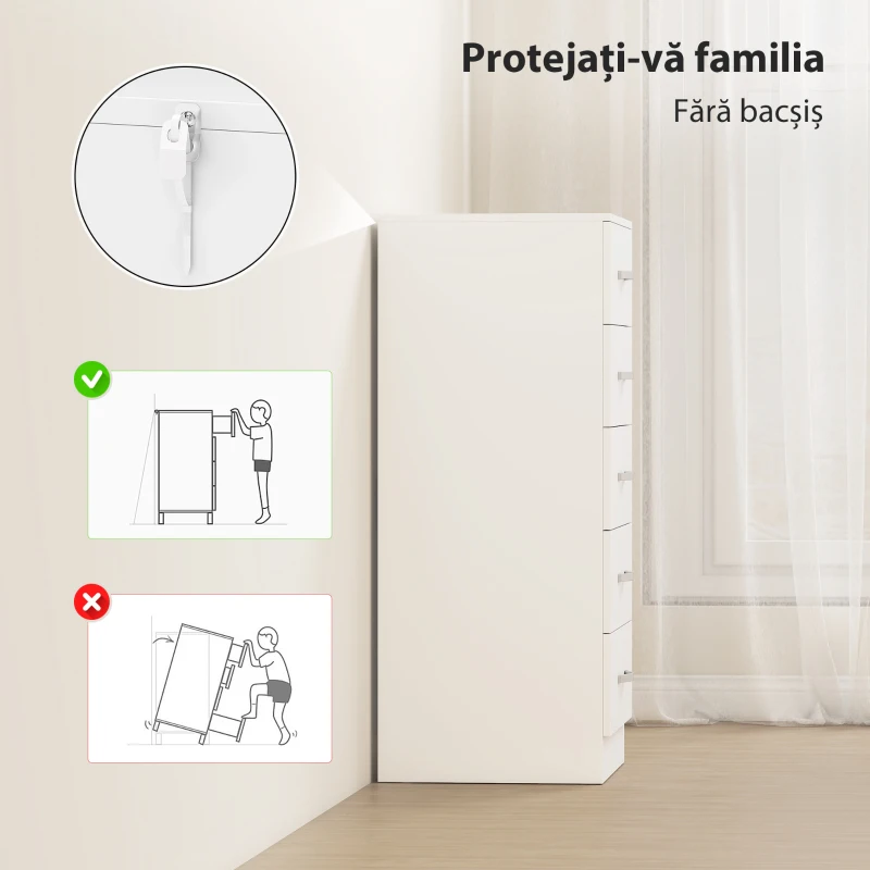 HOMCOM Comodă cu 5 Sertare, Design Modern, Slim, cu Mânere Argintii, Ideală pentru Dormitor, Cameră, Hol sau Living, Dimensiuni 40x35x85 cm, Alb