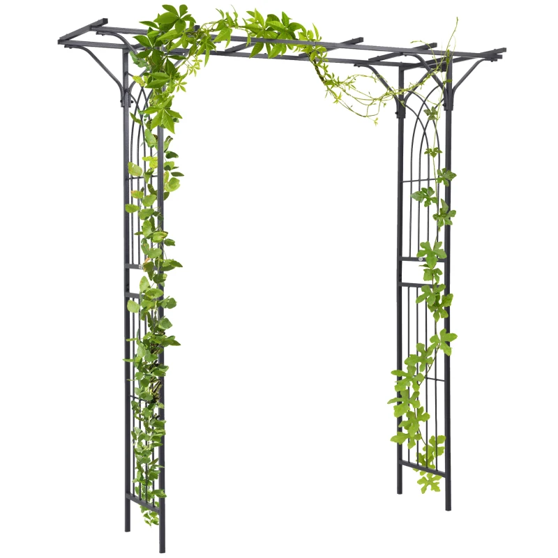 Outsunny 210cm Decorative Metal Garden Trellis Arch with Durable Steel Tubing & Elegant Scrollwork, Great for Weddings, Dark Gre
