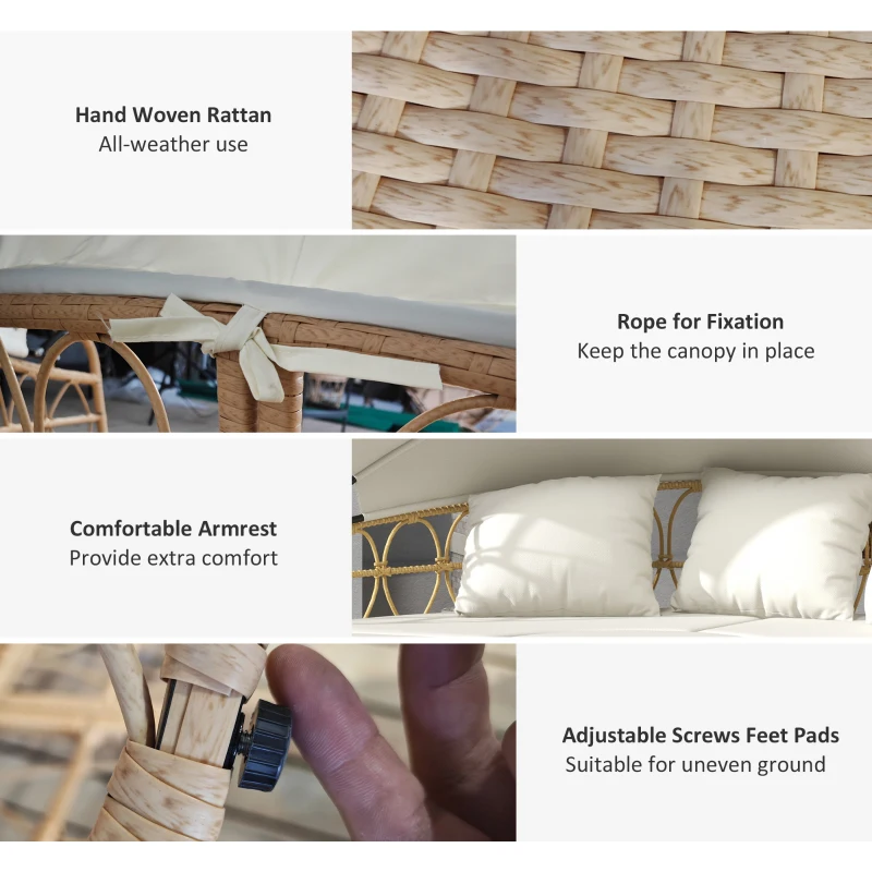 Outsunny Wyspa słoneczna, 4-częściowy zestaw mebli ogrodowych w muszli z rozkładanym daszkiem, stolik kawowy, dwuosobowa kanapa, ławka, zestaw wypoczynkowy do ogrodu, kremowy